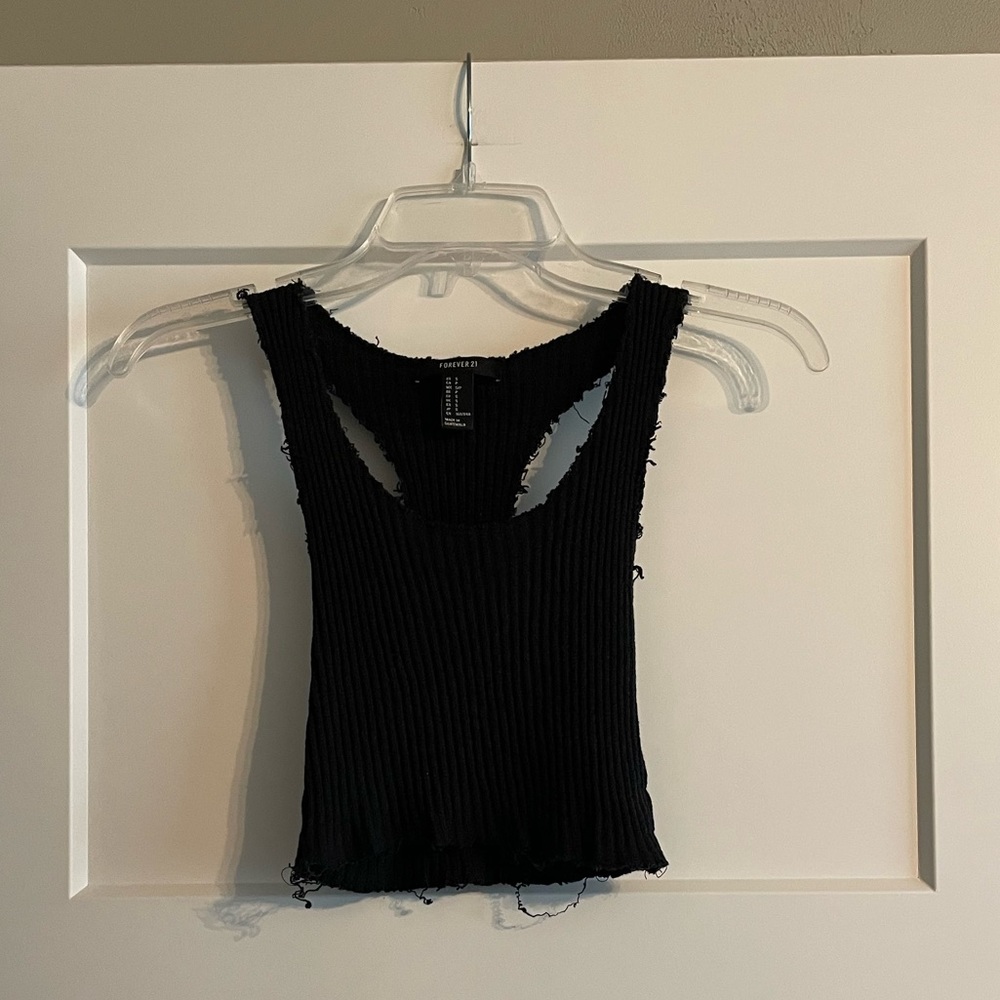Forever 21 Black Cropped Frayed Tank